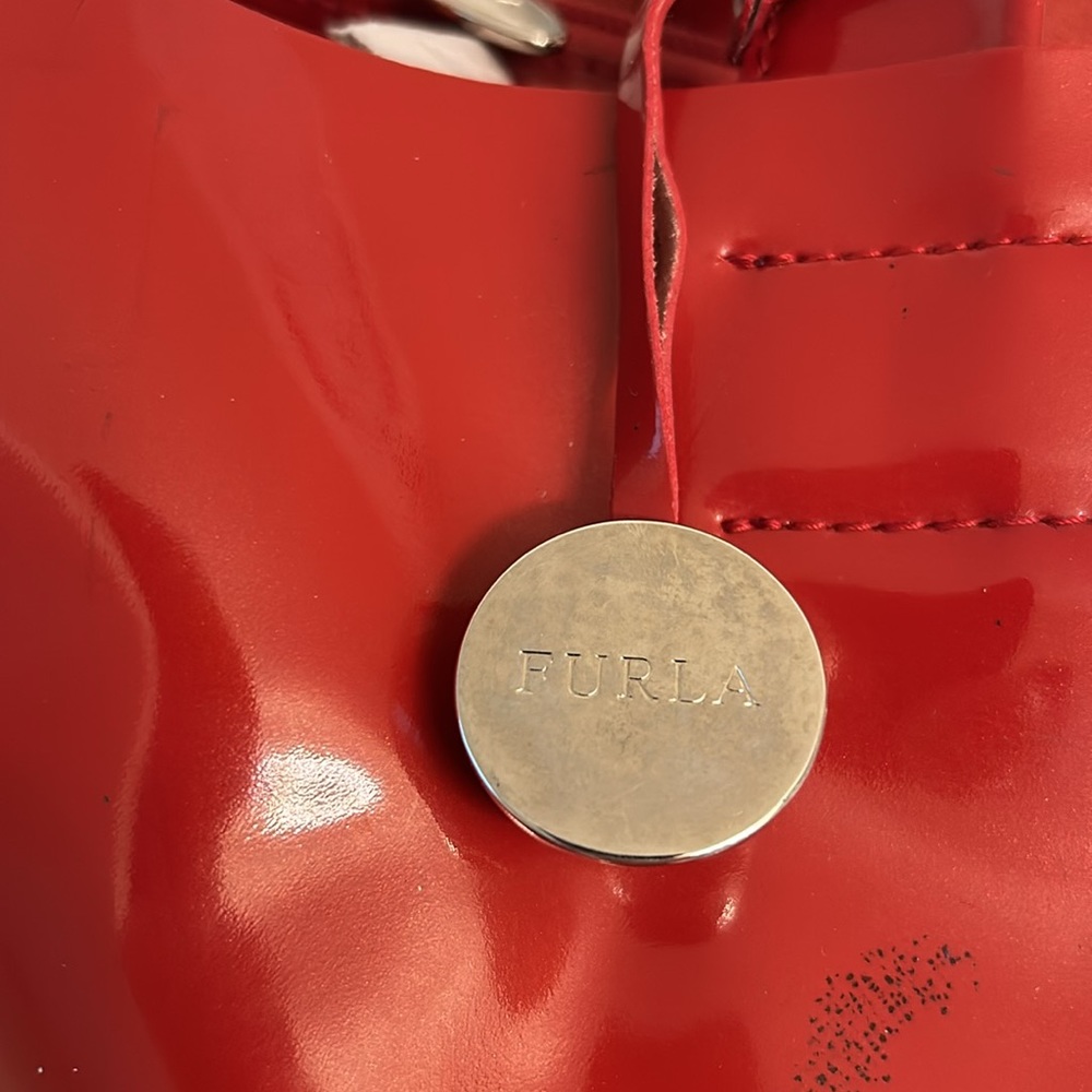 Furla Red Patent Leather Structured Divide It Tote Bag Silver Logo Charm - Picture 3 of 16